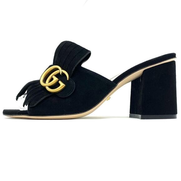 GUCCI GG BLACK SUEDE FRINGE MARMONT SLIDE MULES SANDALS SIZE 37 / US 7 - Picture 1 of 11